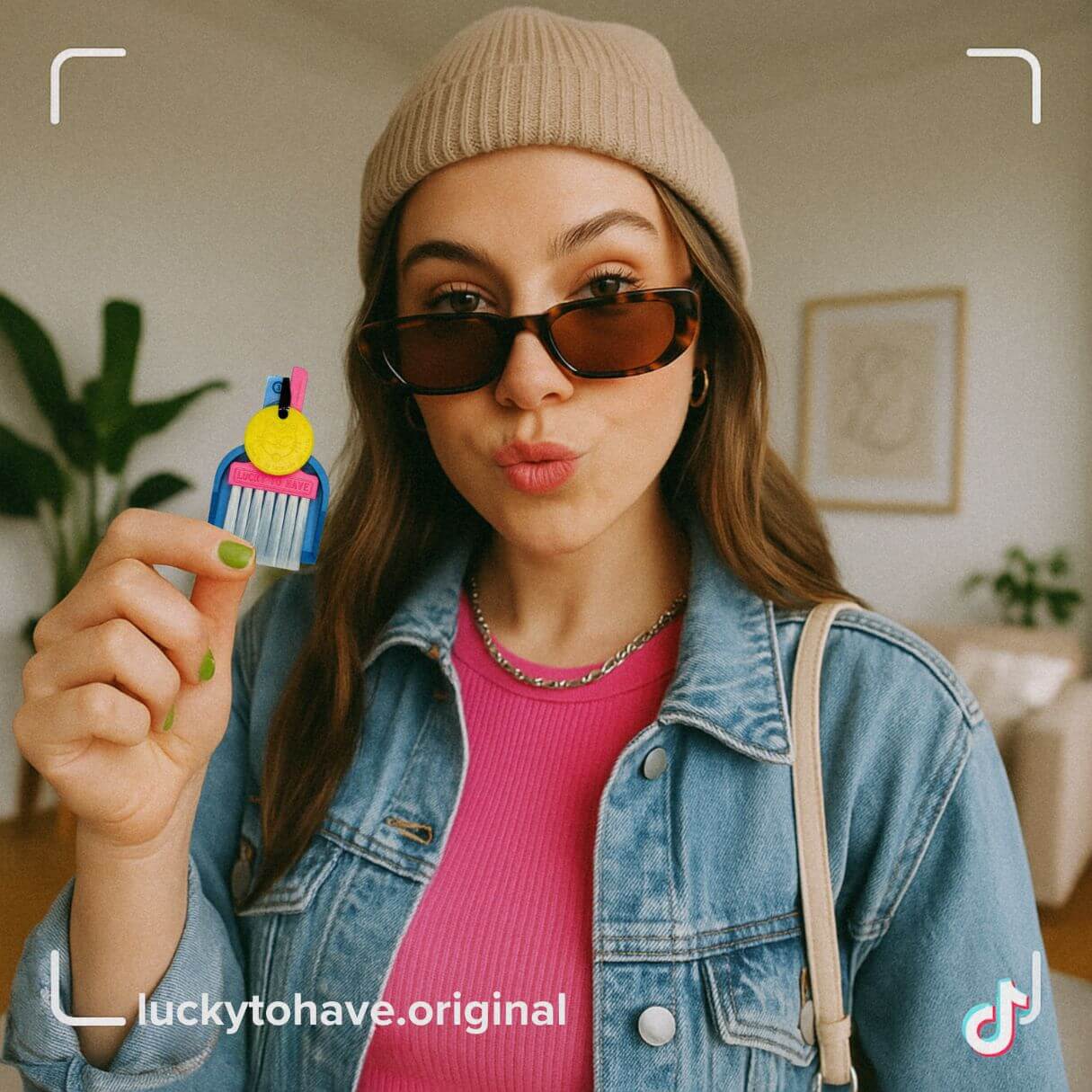 Junge Influencerin mit Beanie und Sonnenbrille macht einen Kussmund und hält ein LUCKY TO HAVE® Produkt in der Hand; Design im TikTok-Stil für den Account luckytohave.original.