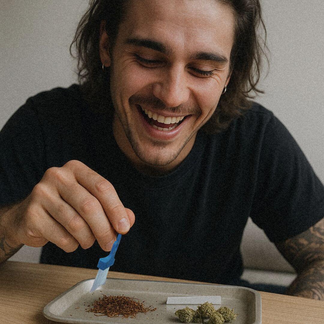 Ein begeisterter junger Mann nutzt den mini Besen von LUCKY TO HAVE und freut sich über die einfache Reinigung von verstreutem Tabak.