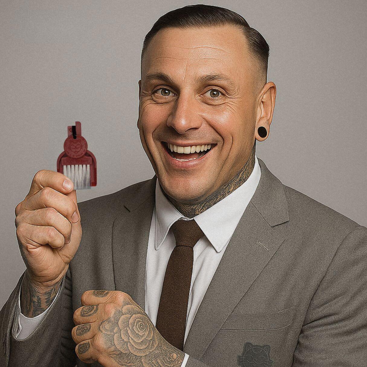 Freundlicher Lucky to have Sales-Mitarbeiter im seriösen Anzug mit Logo-Stickerei, Tattoos und Ohr-Plugs präsentiert stolz ein bordeauxrotes Lucky to have Produkt.