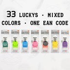 LUCKY TO HAVE® Bundle 33 graphic: Seven colorful, packaged sets side-by-side indicating 33 pieces in mixed colors with one single EAN code. Fine things.
