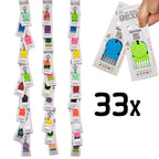 LUCKY TO HAVE® sales unit. 33x mini broom and dustpan set display showing assorted color variations of the world’s smallest mini sweeper in retail packaging, including close-up of two units with integrated Lucky Coin.