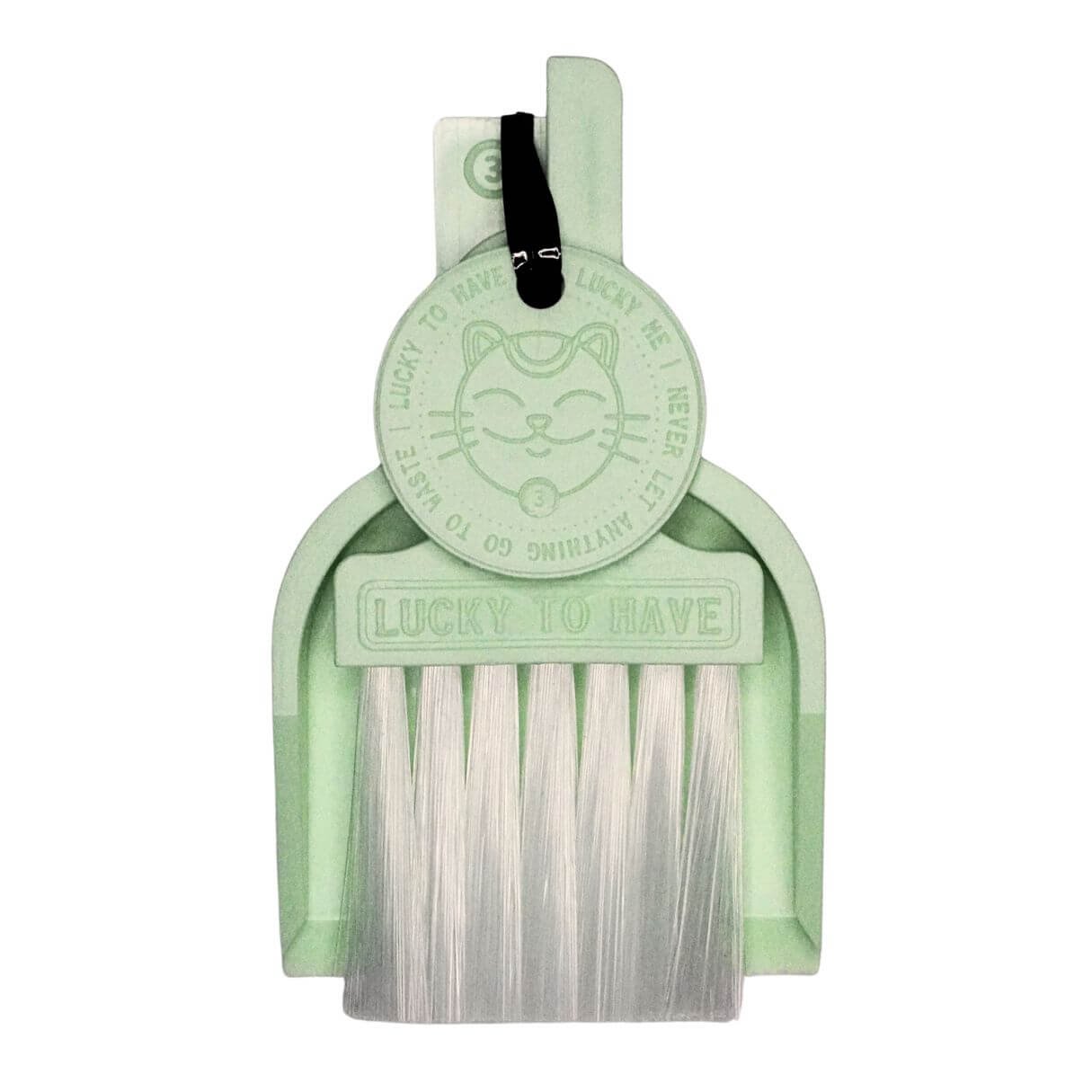 LUCKY TO HAVE® Lucky Baby Mint mini pan and broom set in nude mint: Complete kit including broom, shovel, and Lucky Coin on a white background. For saving small and fine resources or as a fidget toy.