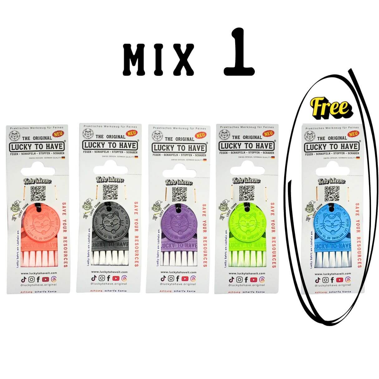 LUCKY TO HAVE® MIX 1 mini sweeper collection featuring multiple color variations of the world’s smallest mini broom and dustpan set, including a free unit highlighted, displayed in original retail packaging.