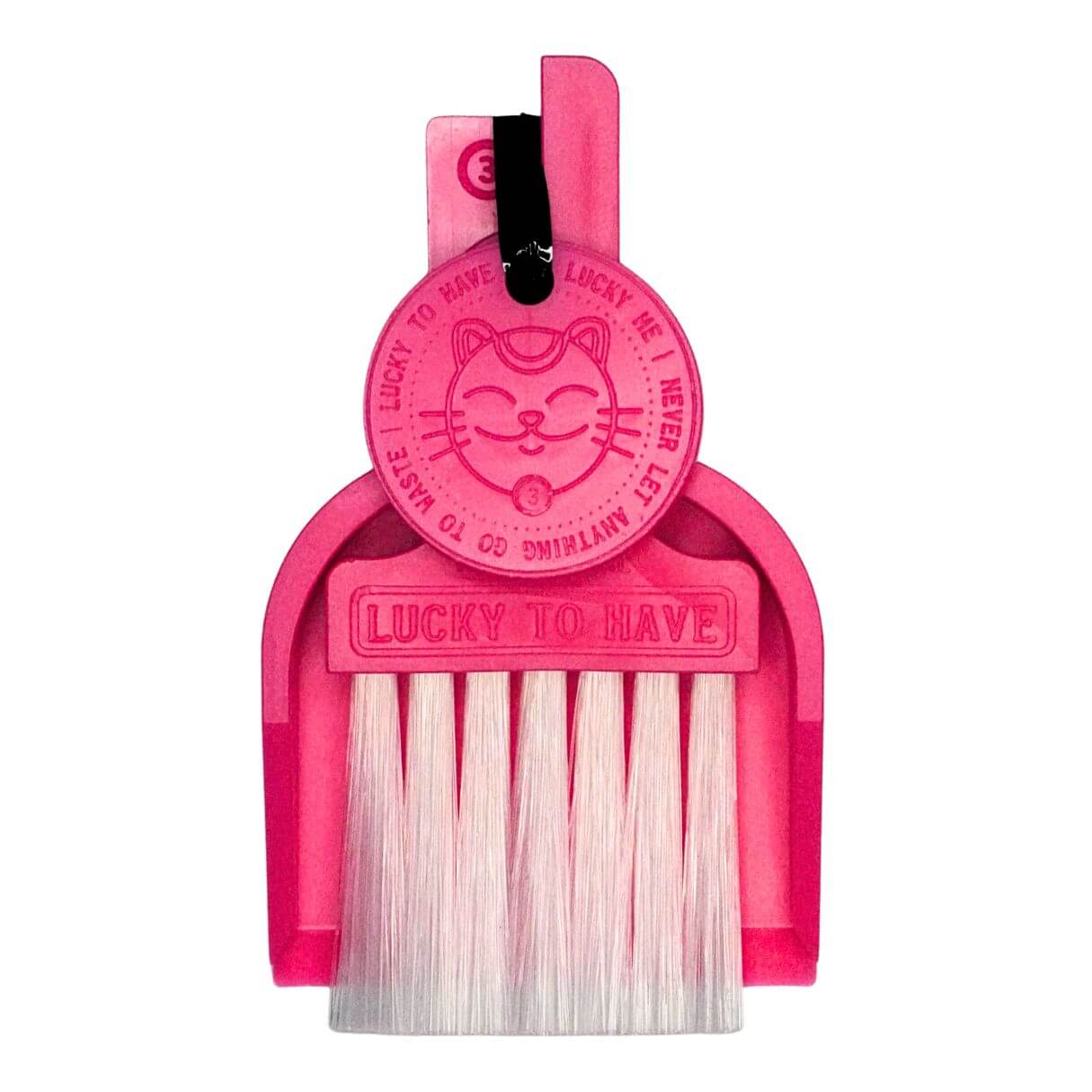 LUCKY TO HAVE® Lucky Babe dustpan and brush set in pink: Complete kit including broom, shovel, and Lucky Coin on a white background.