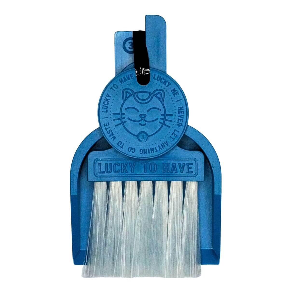 LUCKY TO HAVE® Lucky Bora Bora dustpan and brush set in ocean blue: Complete kit including broom, shovel, and Lucky Coin on a white background.