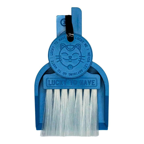 LUCKY TO HAVE® Lucky Bora Bora dustpan and brush set in ocean blue: Complete kit including broom, shovel, and Lucky Coin on a white background.
