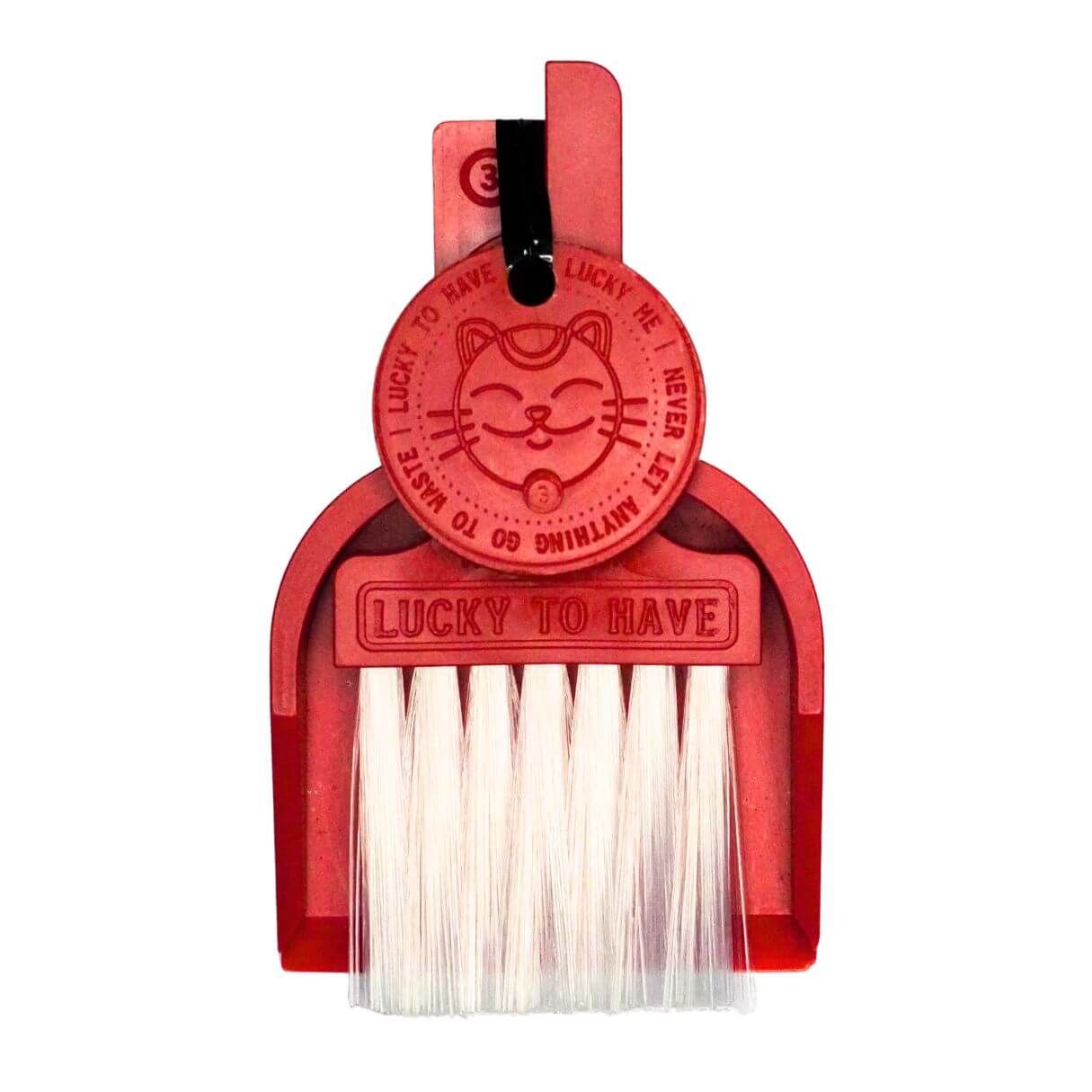 LUCKY TO HAVE® Lucky Bordeaux dustpan and brush set in bordeaux-red: Complete kit including broom, shovel, and Lucky Coin on a white background. Fine things matter.