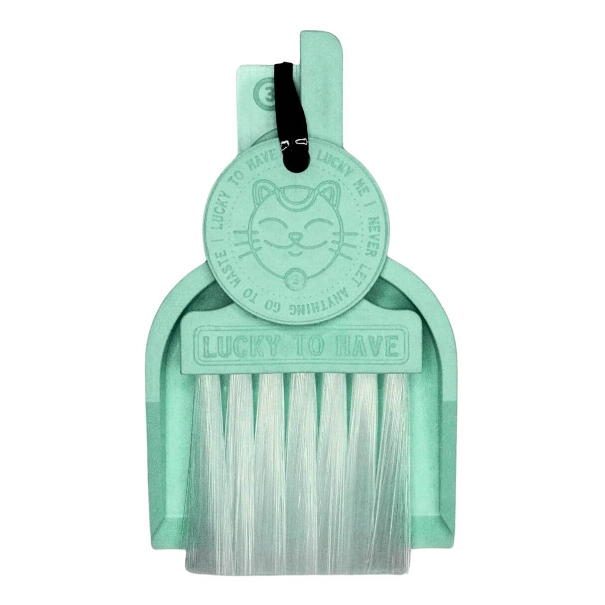 LUCKY TO HAVE® Lucky Boy dustpan and brush set in mint: Complete kit including broom, shovel, and Lucky Coin on a white background.