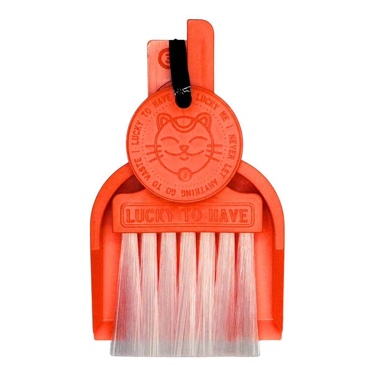 LUCKY TO HAVE® Lucky Icon dustpan and brush set in neon orange: Complete kit including broom, shovel, and Lucky Coin on a white background.
