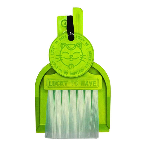 LUCKY TO HAVE® Lucky Sour Pop dustpan and brush set in neon green: Complete kit including broom, shovel, and Lucky Coin on a white background. Works also as a fidget toy.
