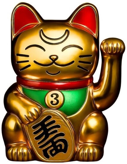 Golden Maneki-neko style cat figurine adapted to the LUCKY TO HAVE® design, featuring the brand’s signature cat face, raised paw, and a customized coin detail aligned with the LUCKY TO HAVE® identity.