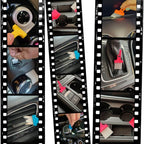 LUCKY TO HAVE® smallest broom and dustpan set shown in multiple car interior scenes, cleaning crumbs and fine dust from air vents, gear shift, cup holders, buttons and narrow dashboard gaps.