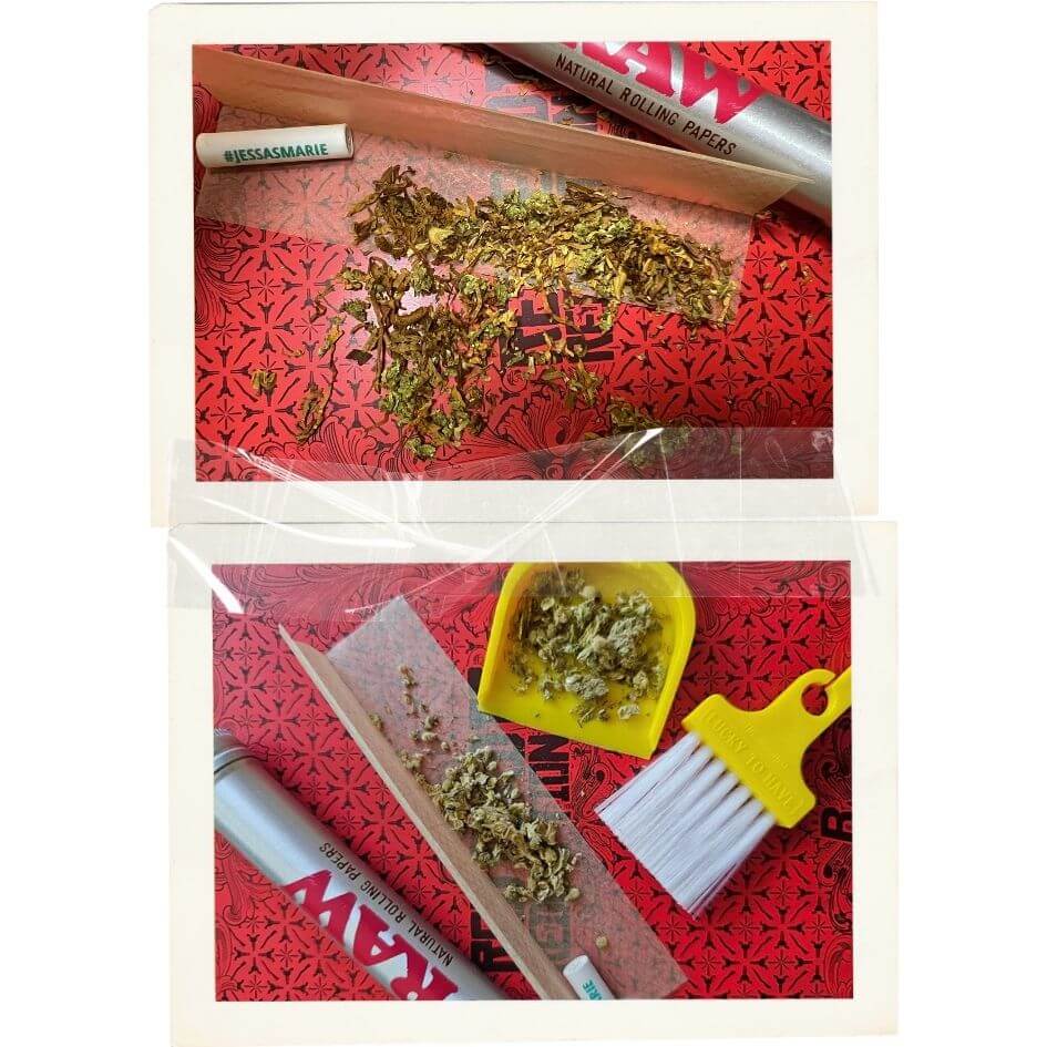 LUCKY TO HAVE® Lucky Banana mini dustpan and broom organizing loose tobacco and herbs on a rolling tray, the perfect gadget for anyone who rolls their own cigarettes or doobies - save your resources.