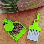 LUCKY TO HAVE® Lucky Sour Pop mini dustpan and broom holding fertilizer granules on a wooden surface, enabling precise handling and clean transfer of fine garden materials - save your resources.