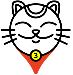 LUCKY TO HAVE® Lucky Cat location pin icon with smiling cat face and number 3 badge, black and white design with red marker base on transparent background.