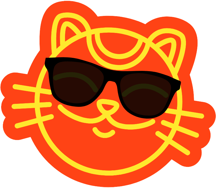 LUCKY TO HAVE® Lucky Cat icon wearing sunglasses in bold orange and yellow design, playful brand mascot graphic on a transparent background.