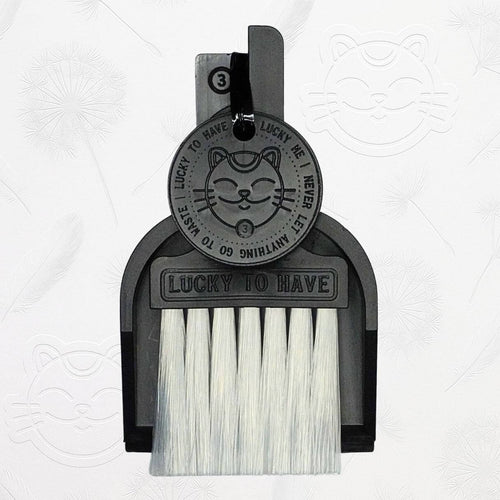 LUCKY TO HAVE® black mini dustpan set presented in front of the signature brand-style wallpaper.