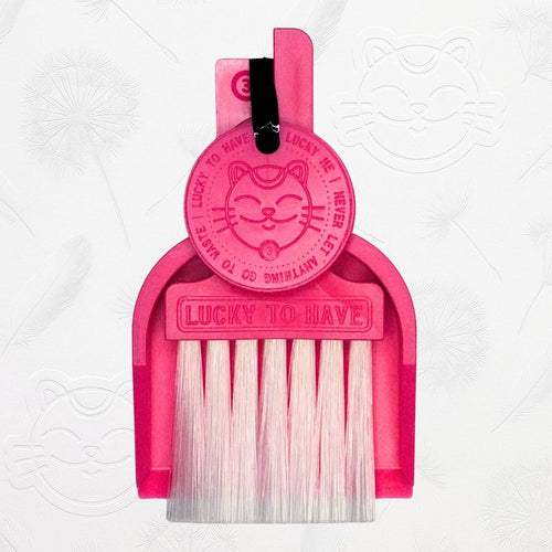 LUCKY TO HAVE® pink mini dustpan set presented in front of the signature brand-style wallpaper.