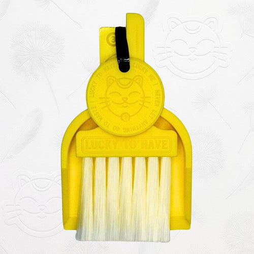 LUCKY TO HAVE® yellow mini dustpan set presented in front of the signature brand-style wallpaper.