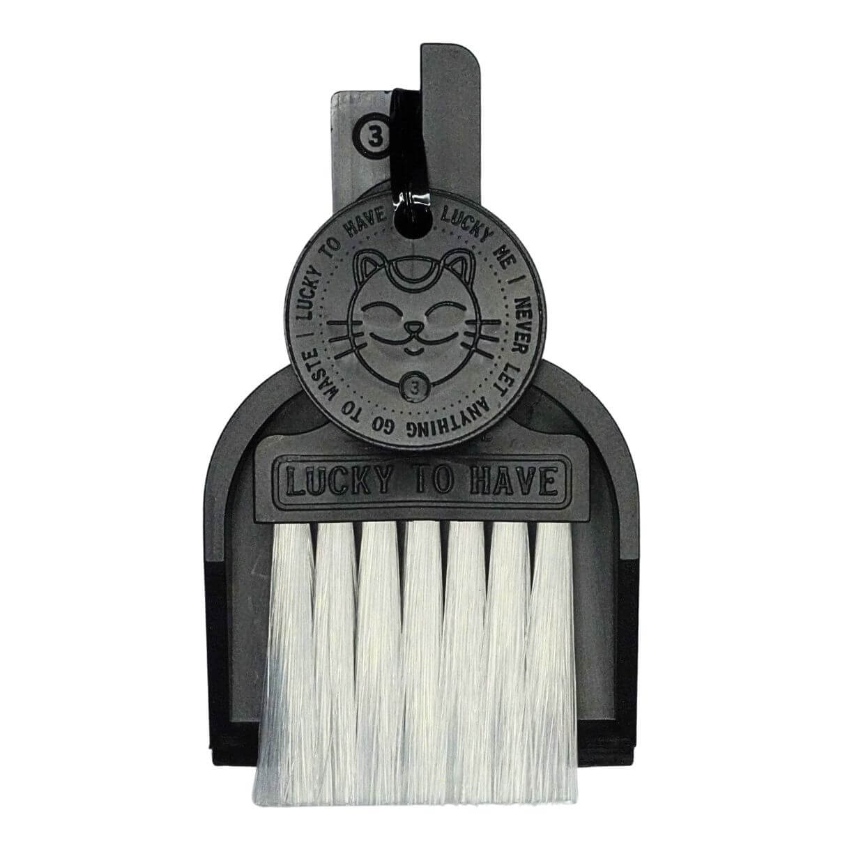 LUCKY TO HAVE® Lucky Frank dustpan and broom set in black: Complete kit including broom, pan, and Lucky Coin for shopping cart on a white background. Lucky saves your fine und tiny resources.