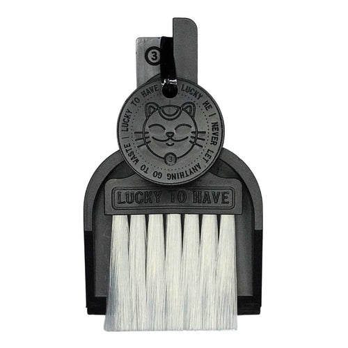 LUCKY TO HAVE® Lucky Frank dustpan and broom set in black: Complete kit including broom, pan, and Lucky Coin for shopping cart on a white background. Lucky saves your fine und tiny resources.