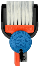 LUCKY TO HAVE® – the smallest broom and dustpan set shown upside down, highlighting the broom handle as a handy packing tool for weed, herbs and fine powders.