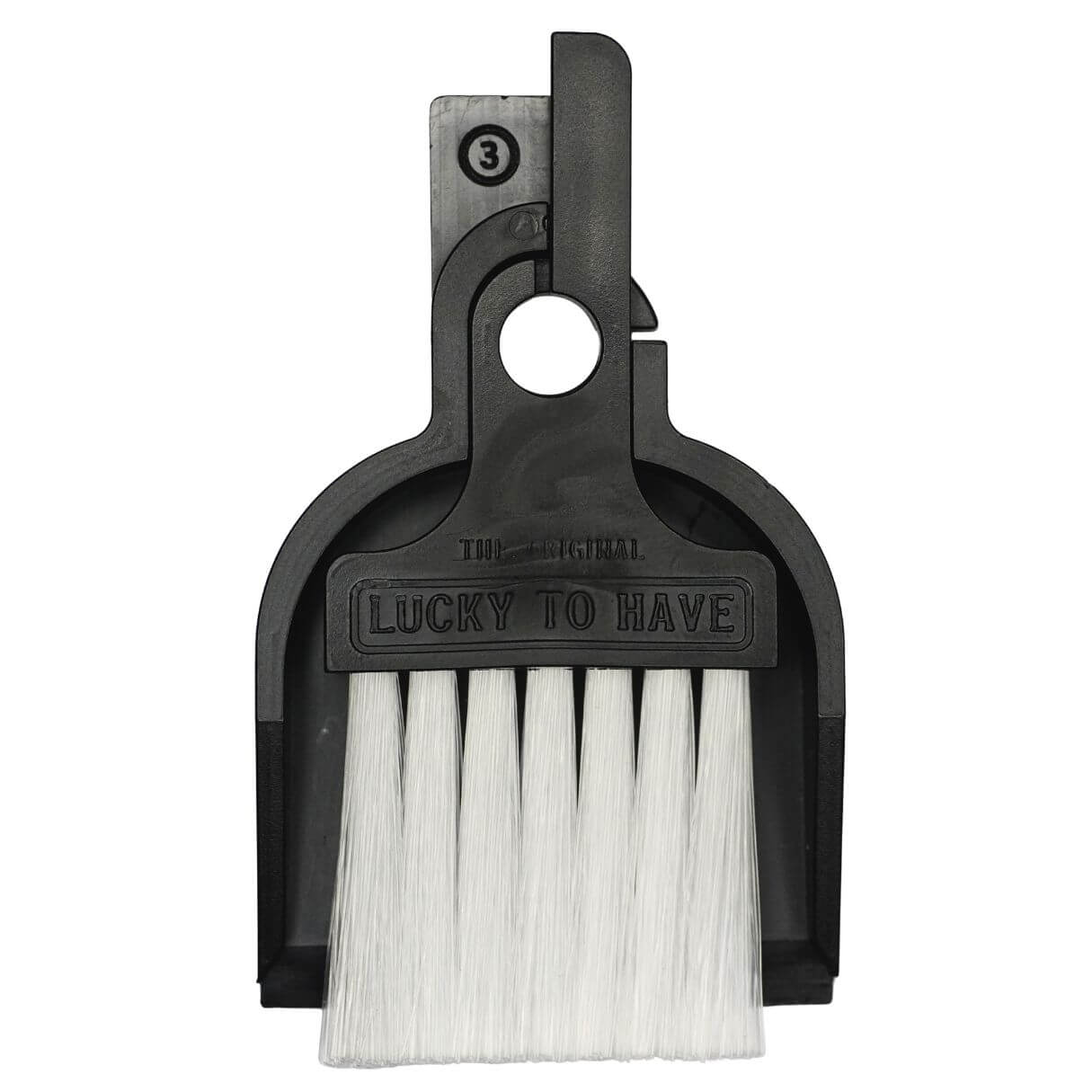 LUCKY TO HAVE® Lucky Frank precision broom and shovel in black on a clean white background. Works also as a fidget toy.