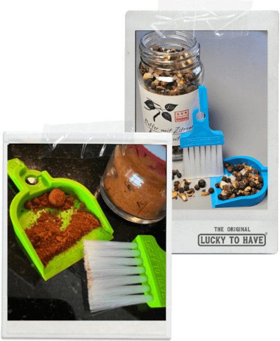 LUCKY TO HAVE® – the smallest broom and dustpan set – available as a duo, perfectly handling spices like paprika powder and pepper, sweeping fine kitchen powders and crumbs with clean, precise control.