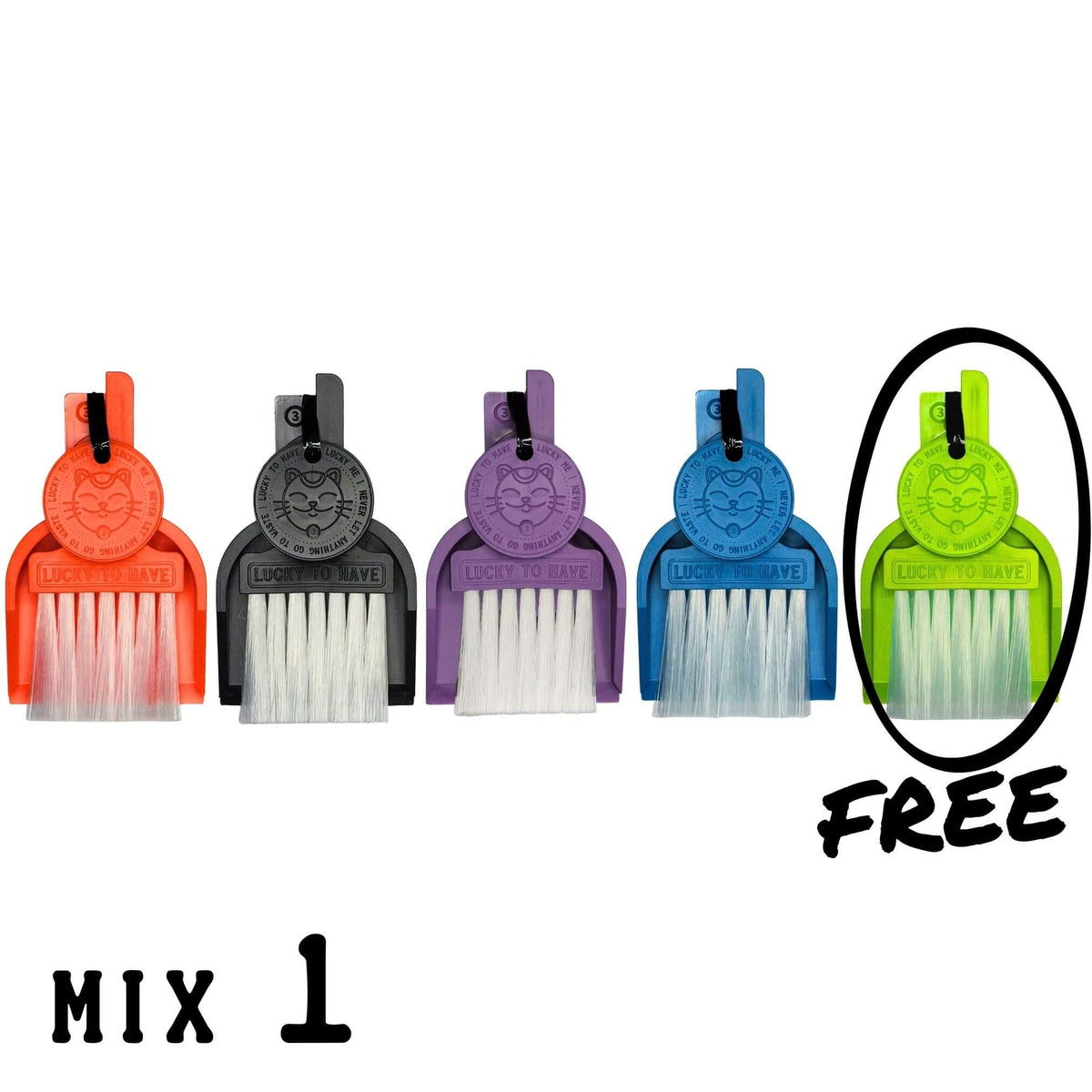 LUCKY TO HAVE® Mix 1: five mini broom sets in assorted colours for powders, herbs and fine crumbs, with the free fifth set circled.