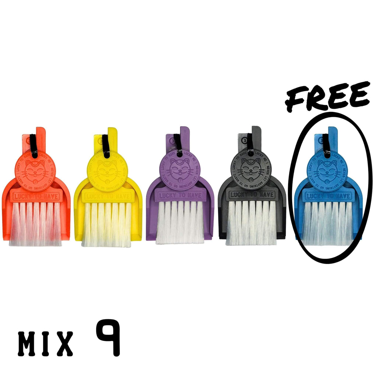 LUCKY TO HAVE® Mix 9: five mini broom sets in assorted colours for powders, herbs and fine crumbs, with the free fifth set circled.