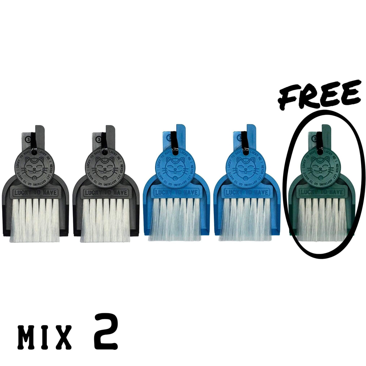 LUCKY TO HAVE® Mix 2: five mini broom sets in assorted colours for powders, herbs and fine crumbs, with the free fifth set circled.