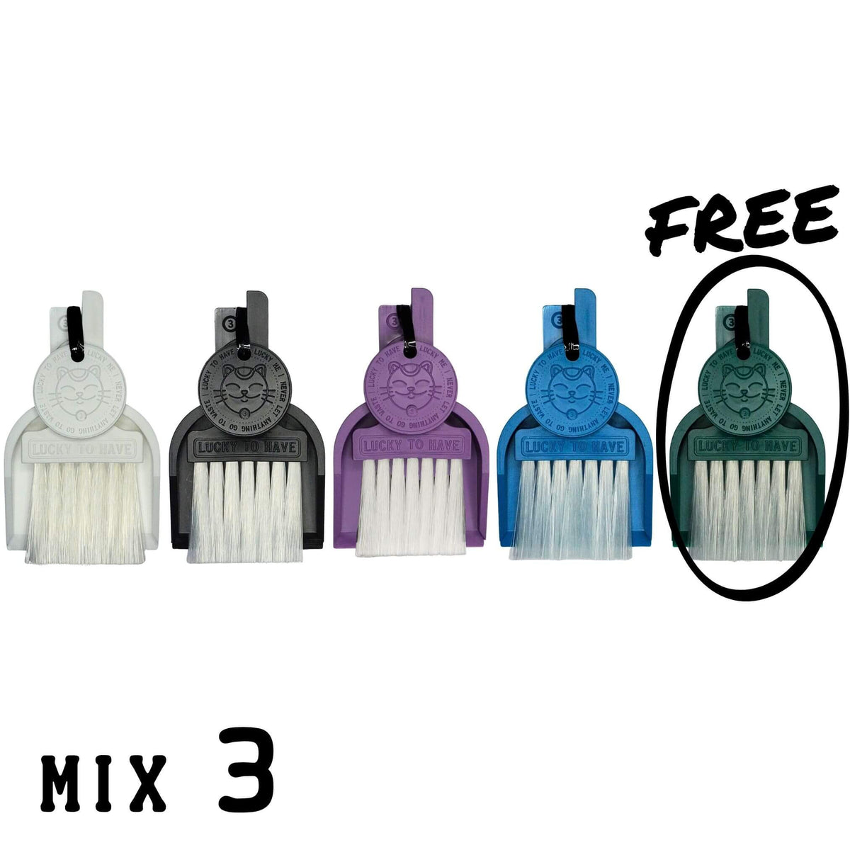 LUCKY TO HAVE® Mix 3: five mini broom sets in assorted colours for powders, herbs and fine crumbs, with the free fifth set circled.