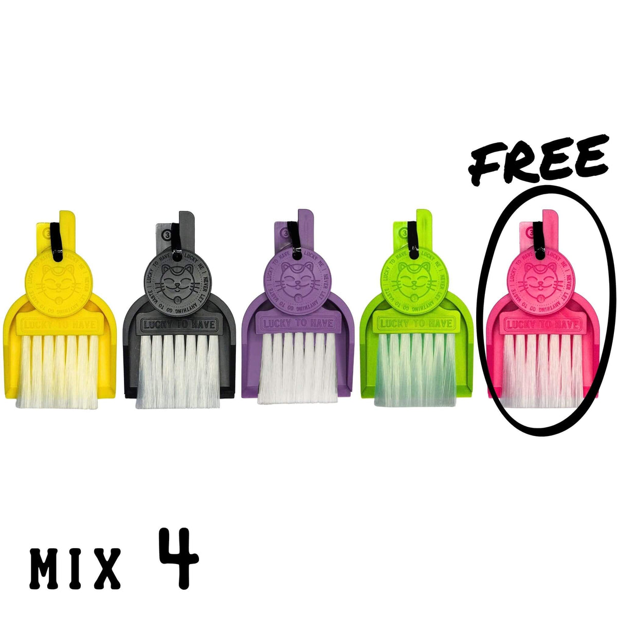 LUCKY TO HAVE® Mix 4: five mini broom sets in assorted colours for powders, herbs and fine crumbs, with the free fifth set circled.