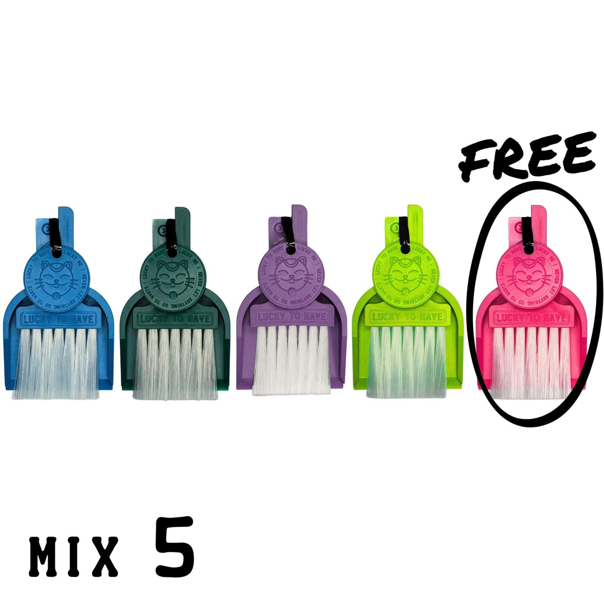 LUCKY TO HAVE® Mix 5: five mini broom sets in assorted colours for powders, herbs and fine crumbs, with the free fifth set circled.