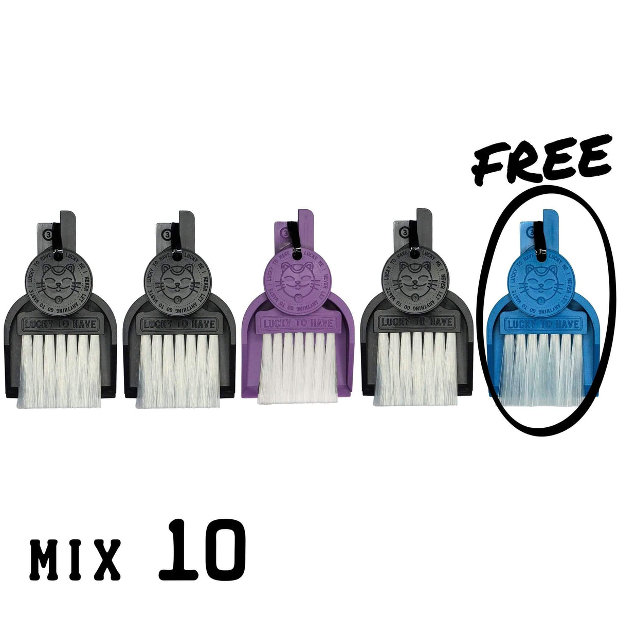 LUCKY TO HAVE® Mix 10: five mini broom sets in assorted colours for powders, herbs and fine crumbs, with the free fifth set circled.