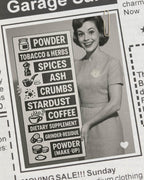 Retro-style woman holding a sign listing uses for powders, tobacco, herbs, spices, ash, crumbs, coffee and makeup powder.