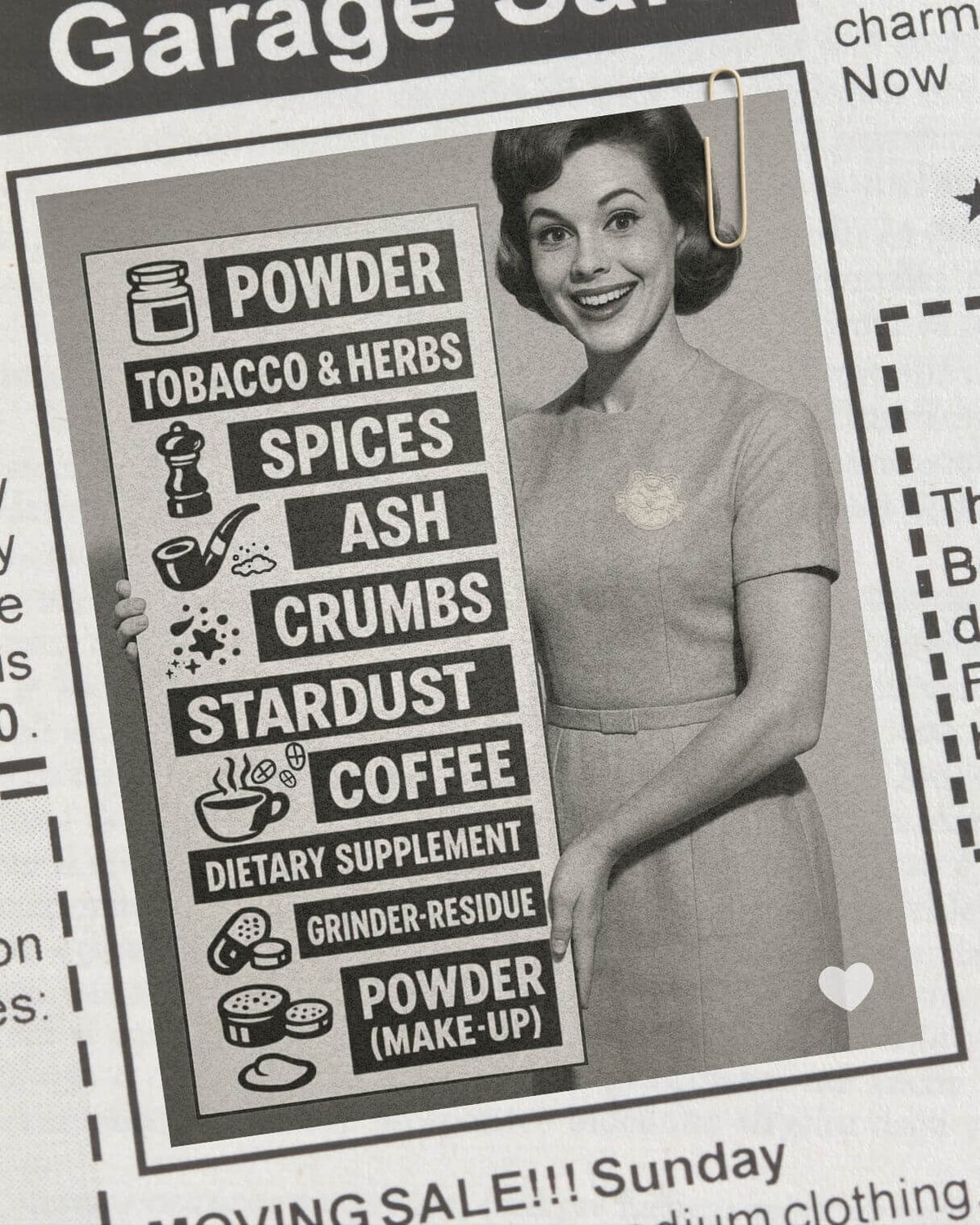 Retro-style woman holding a sign listing uses for powders, tobacco, herbs, spices, ash, crumbs, coffee and makeup powder.