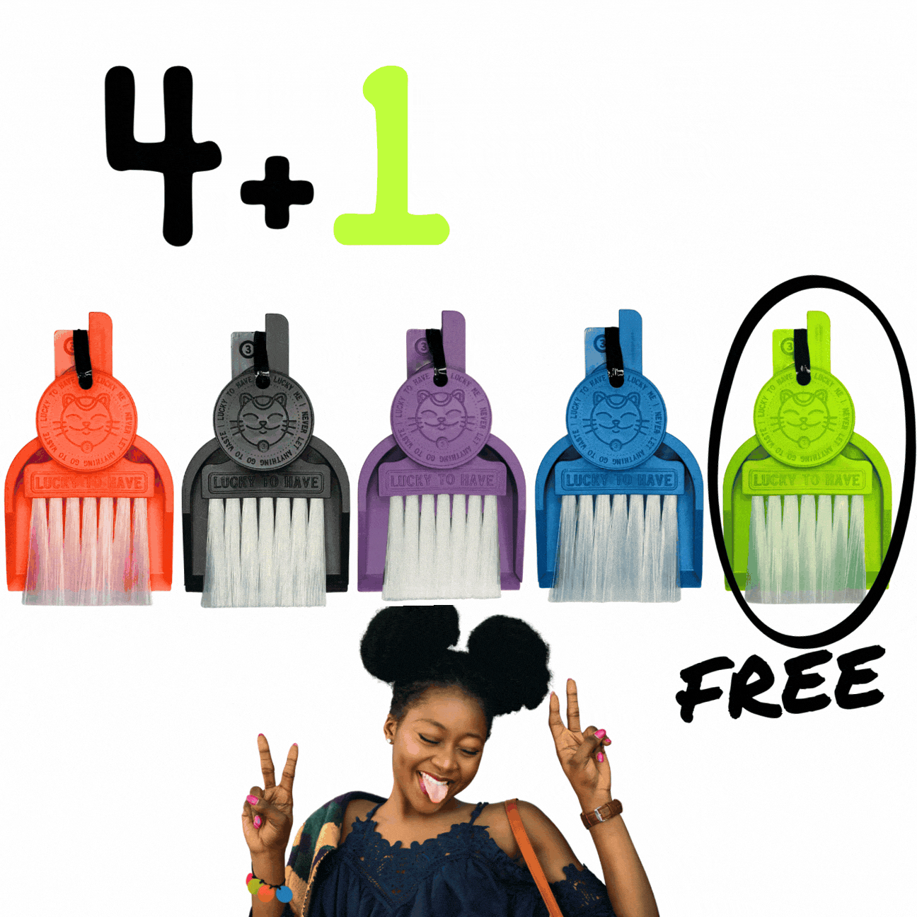 LUCKY TO HAVE® 4+1 free bundle: animation showing all 10 colour mixes of the world’s smallest broom set, with five sets for the price of four.