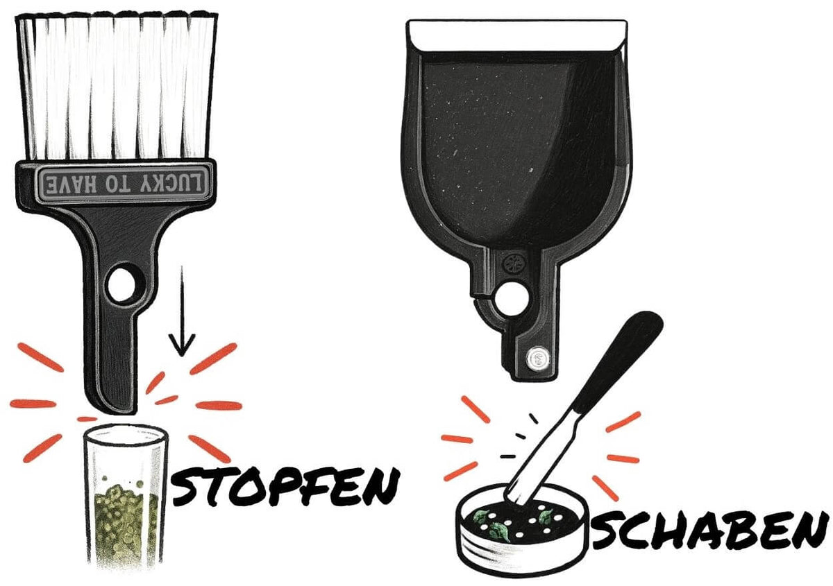 Black-and-white illustration of the LUCKY TO HAVE® mini broom and pan showing two extra functions: the broom handle used as a tamper for smoking herbs and the pan handle used as a scraper for fine material. Red accents highlight the actions.