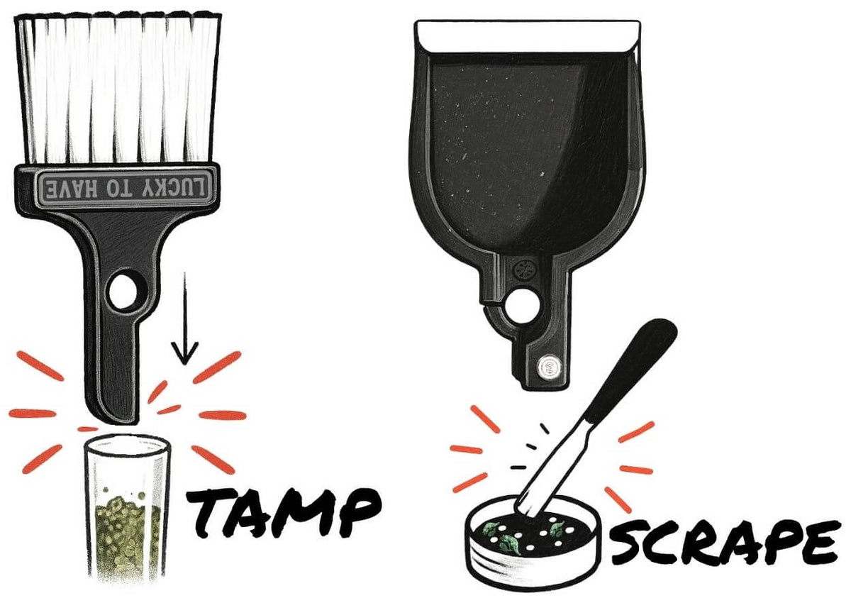 LUCKY TO HAVE® world’s smallest broom set showing the broom used to tamp and the pan’s sharp edge used to scrape.