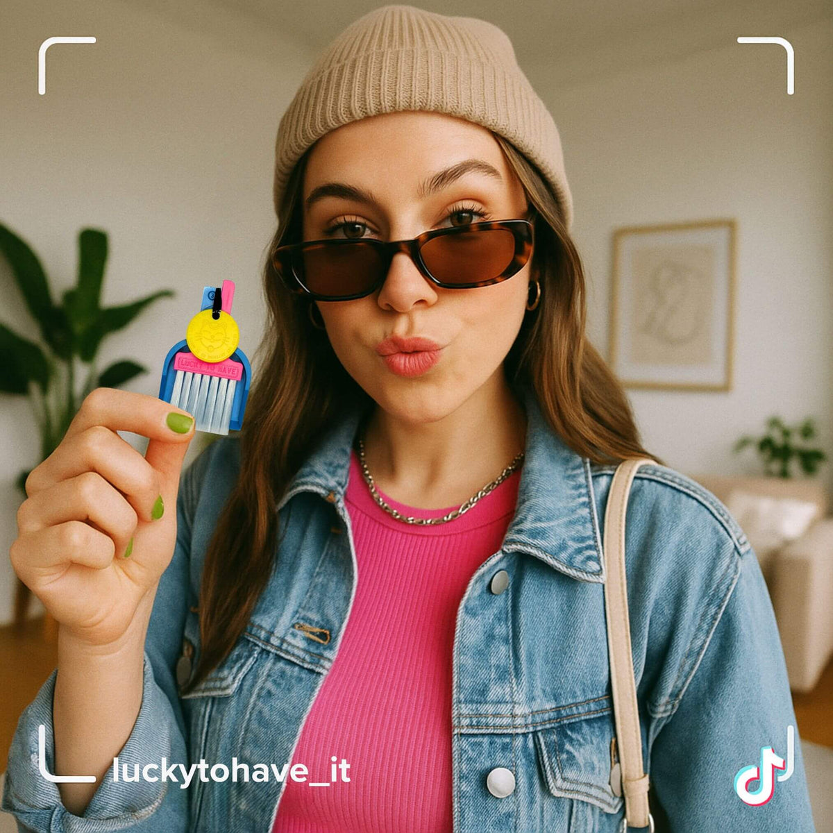 Woman wearing sunglasses holds LUCKY TO HAVE®, the world’s smallest broom set, in blue and pink with a yellow Lucky Coin between her fingers.