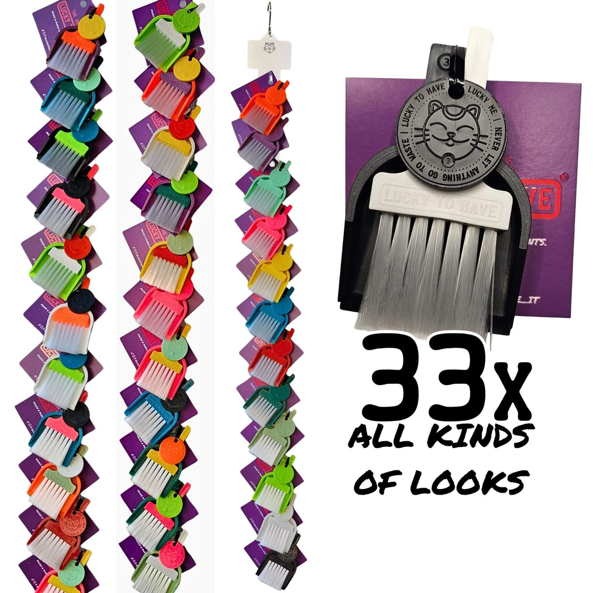 LUCKY TO HAVE®, the world’s smallest broom set, in 33 assorted colour combinations, with a close-up of a black-and-white set.