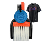 Custom Lucky by LUCKY TO HAVE® with an orange broom, black pan and blue Lucky Coin, inspired by the New York Mets’ team colours, shown beside a black Mets jersey.