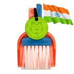 Custom Lucky by LUCKY TO HAVE® with a blue broom, orange pan, white bristles and lime green Lucky Coin, inspired by India’s flag colours, shown beside the Indian flag.