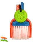 Custom Lucky by LUCKY TO HAVE® with a blue broom, orange pan, white bristles and lime green Lucky Coin, inspired by India’s flag colours, shown beside the Indian flag.
