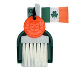 Custom Lucky by LUCKY TO HAVE® with a white broom, dark green pan and orange Lucky Coin, inspired by Ireland’s flag colours, shown beside an Irish tricolour with a lucky shamrock.
