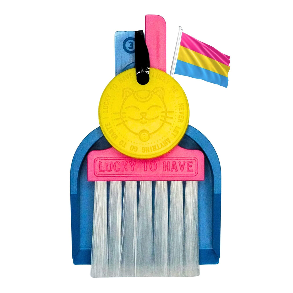 Custom Lucky by LUCKY TO HAVE® with a pink broom, blue pan and yellow Lucky Coin, inspired by the pansexual pride flag, shown beside the matching flag.