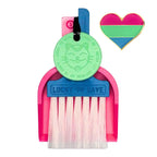 Custom Lucky by LUCKY TO HAVE® with a blue broom, pink pan and mint green Lucky Coin, inspired by the polysexual pride flag, shown beside a matching pride heart.