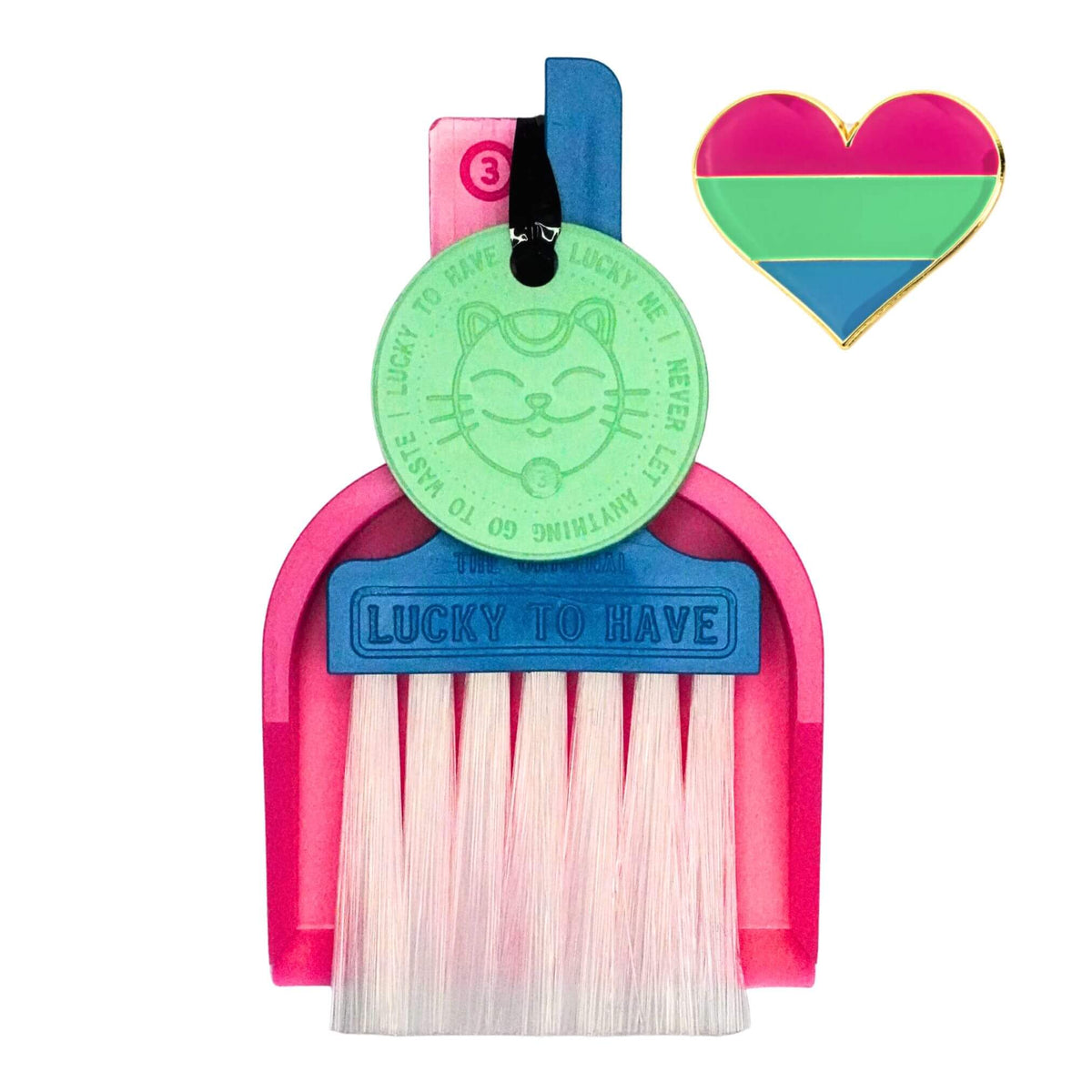Custom Lucky by LUCKY TO HAVE® with a blue broom, pink pan and mint green Lucky Coin, inspired by the polysexual pride flag, shown beside a matching pride heart.