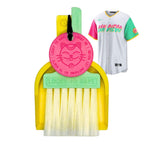 Custom Lucky by LUCKY TO HAVE® with a mint green broom, yellow pan and pink Lucky Coin, inspired by the San Diego Padres’ City Connect colours, shown beside the matching jersey.